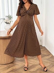 SHEIN 孕妇波点图案扭结设计短袖优雅连衣裙 - 棕色 - 查看 5