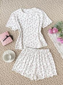 SHEIN 青少年女孩/青少年女孩碎花圓領T恤與短褲睡衣套裝，休閒舒適居家服 - 淺粉色 - 查看 3