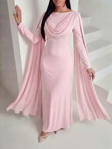 Veilorie Women's Elegant Solid Color Arabic Style Dress - Pink - View 6