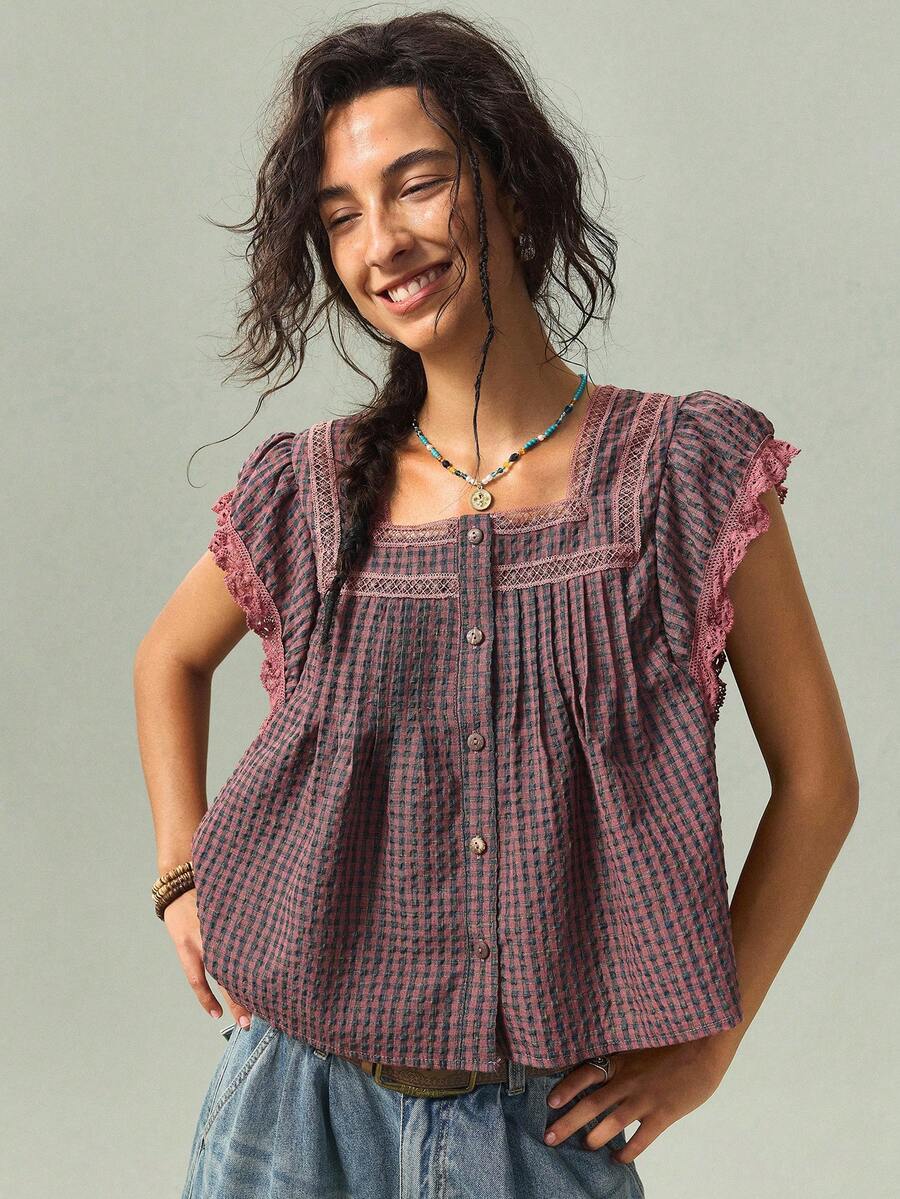 SoleilVie New Retro Plaid Square Neck Short Cap Sleeve Blouse, Suitable For Spring/Summer Pastoral Picnic And Vintage Market Strolling - Red Violet - View 1