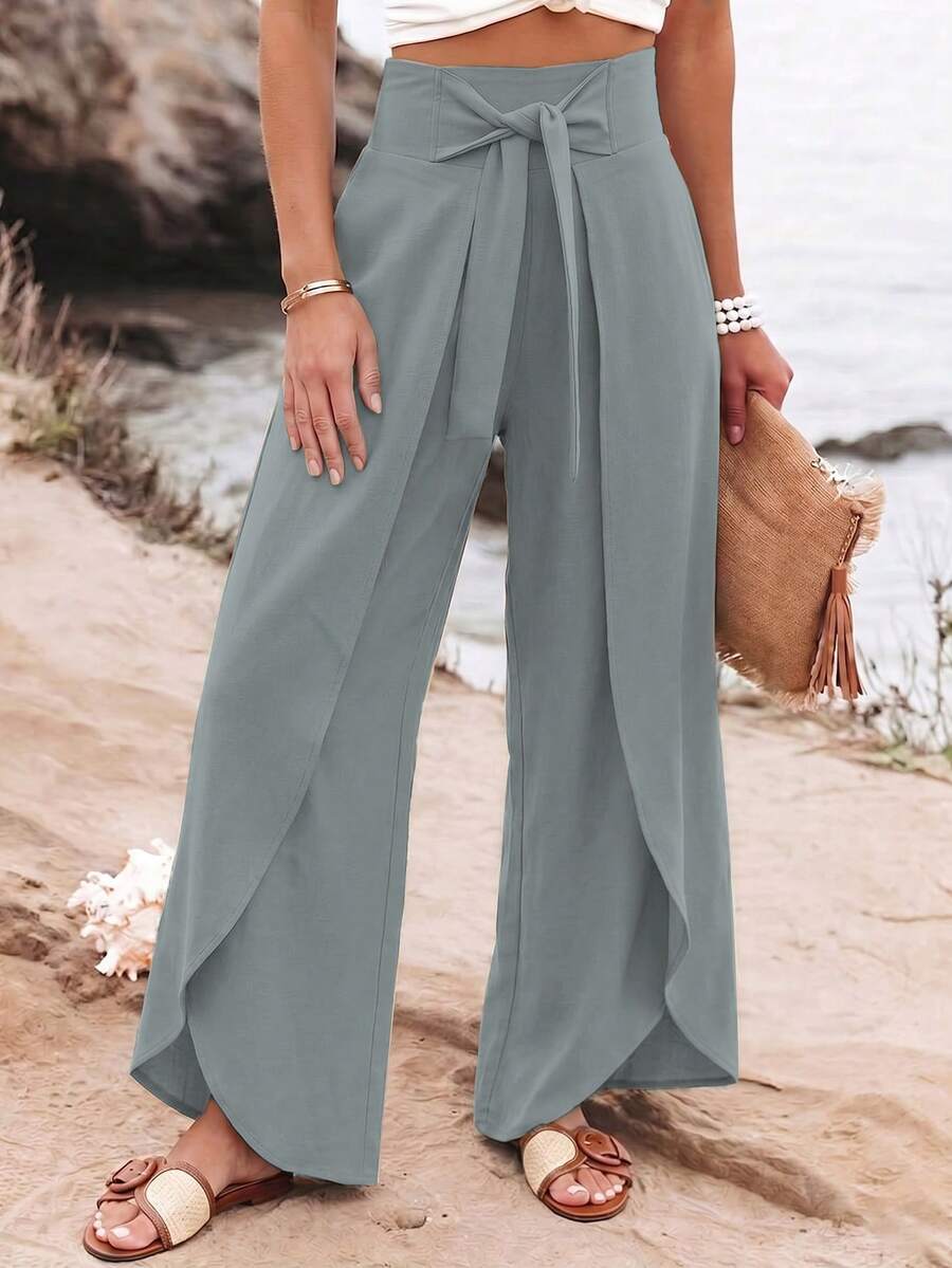 Breezaya Women's Elegant Casual Solid Color Summer Vacation Home Daily Wear Fashion Design Split Wide Leg Pants - Dusty Blue - View 1