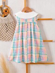 SHEIN Elladie kids 女童休閒彩色格紋印花洋裝，附可愛3D蝴蝶結、荷葉邊飾、方領/圓領、開胸設計，甜美優雅風格，適合日常穿著、度假與通勤 - 彩色 - 查看 2
