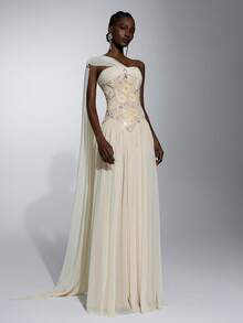 Elitara Elegant Queen Casual Cream Elastic Mesh Fabric Beaded Patchwork Sequins Buckle Decor Ruched Bust Voluminous Skirt Party Formal Bridal Dress - Light Yellow - View 3