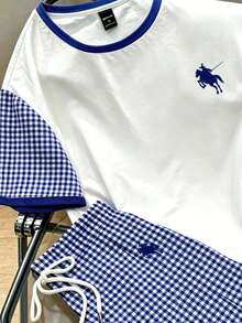 Manfinity Hypemode Men's Checker Print Horse Logo Matching Set, Tee & Shorts, Perfect For Outdoor, Parties, Shopping & Daily Wear, Students, Holiday - Multicolor - View 3