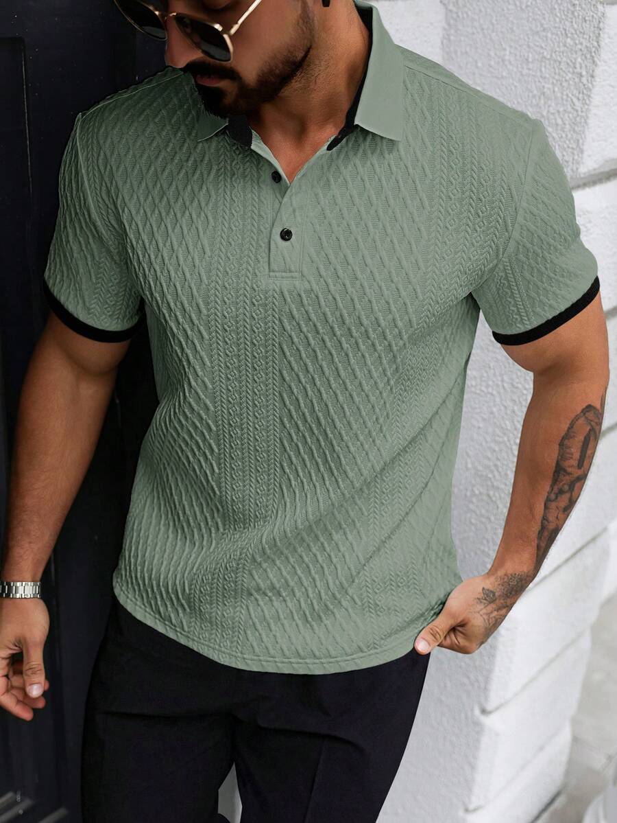 Manfinity CasualCool 男士夏季休閒度假日常通勤紋理面料對比滾邊短袖 Polo 衫 - 綠色 - 查看 1