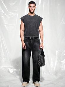 IRON GLYPH Men's Distressed Solid Color Denim Jeans - Black - View 7