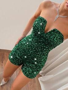 Allurite Romper Tube Berpayet dengan Detail Berlekuk untuk Pesta Liburan dan Acara Malam Hari, Warna Hijau Zamrud, Seksi untuk Musim Panas - Dark Green - View 3