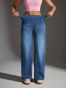 Flexra Quần jeans nữ dáng suông, chất liệu co giãn, kiểu dáng cơ bản, có thêu nơ. - Rửa trung bình - Xem 2