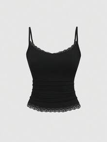 Sweetra Women's Solid Color Contrast Lace Ruffle Camisole - Multicolor - View 7