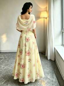 Modelyn 女款法式風情長洋裝，休閒時尚 V 領荷葉邊披肩設計，夏日收腰雙層優雅長裙，黃色雪紡花卉植物印花洋裝，適合夏季度假與日常穿著 - 彩色 - 查看 2