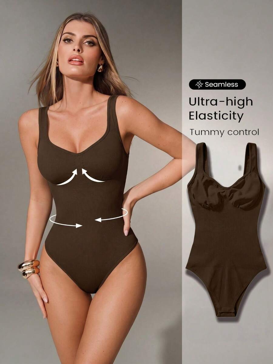 SHEIN Sports Body de yoga sin costuras de alta elasticidad con almohadillas de sujetador integradas para deportes - Marrón - Ver 1