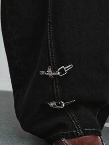 ROMWE MEN Street Life Men's Wide Leg Jeans With Plane Buckle And Slant Pockets - Black - View 2