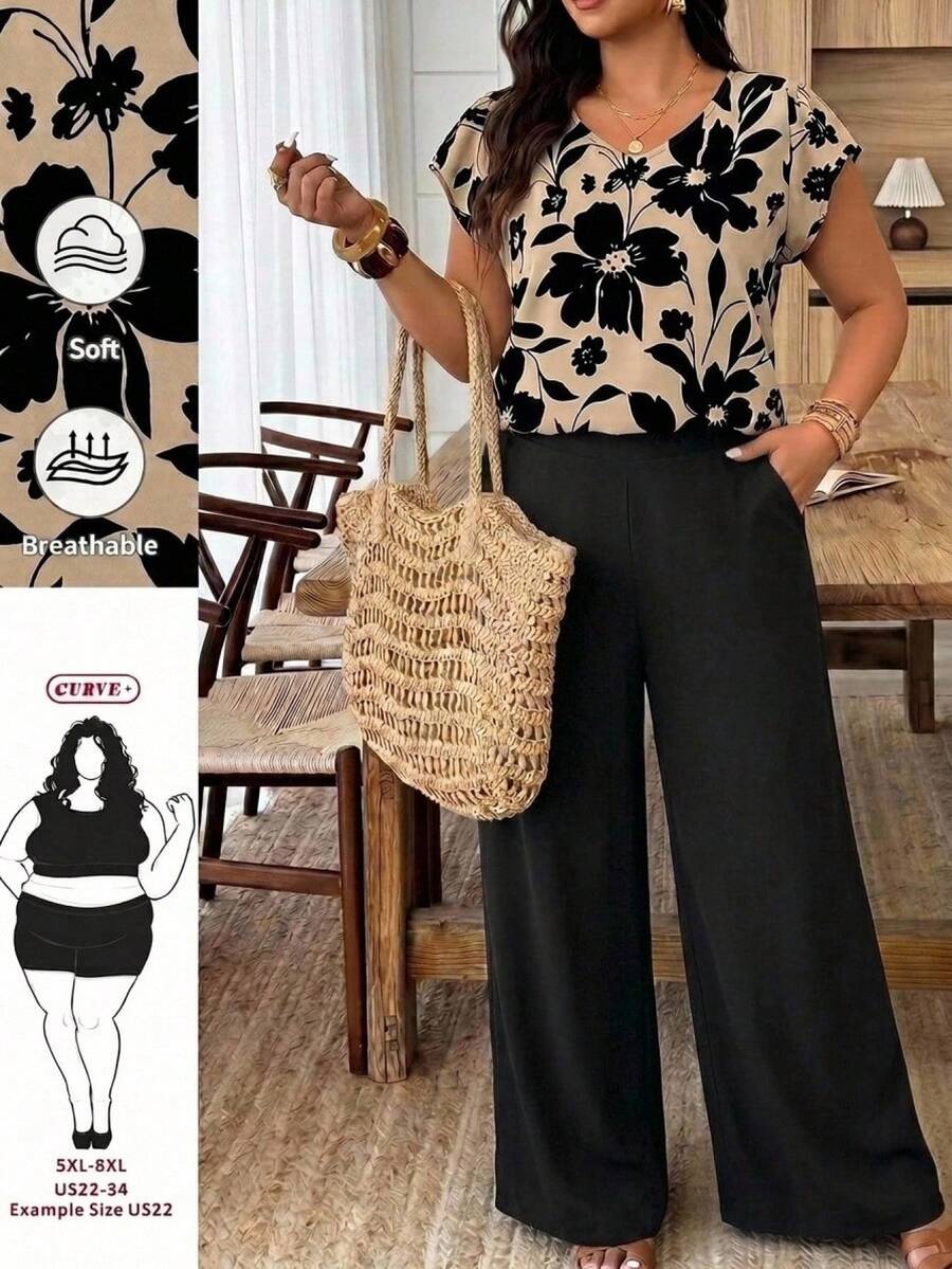 SHEIN CURVE+ Plus Size Women Floral Print V-Neck Blouse And Wide Leg Pants Casual 2 Piece Set - White - View 1