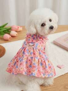 PETSIN Summer Floral Pet Dress With D-Ring, Adjustable Open Chest Pink & Blue Flower Ruffled Dog Clothes, Princess Dress For Teddy, Bichon, Pomeranian, Cats For Outdoor Walks - Pink - View 2