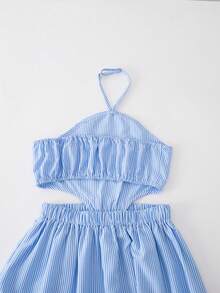 Sparklyn Tween Girl Striped Print Hollow Out Halter Neck Dress - Blue - View 5