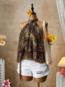 Femesol Yellow Halter Neck Tie Blouse, Elegant Halter Neck Ruffle Hem A-Line Tie Neck Shirt, Light Yellow Casual Office Shirt Halter Neck Backless Blouse For Beach Holiday - Multicolor - View 4