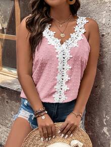 Ceyna Top casual versátil de uso diario con patchwork de encaje para mujer talla grande - Rosa - Ver 5