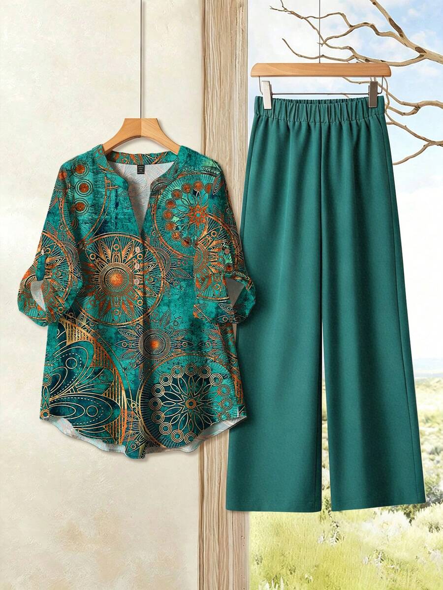 EMERY ROSE Plus Size Women Floral Print Roll-Up Sleeve Shirt And Pants Casual 2 Pieces Set - Multicolor - View 1