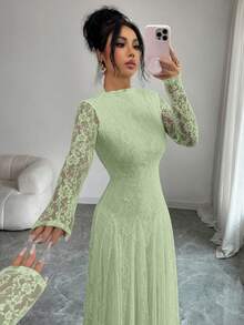 Modelyn 酒紅色設計半高領收腰顯瘦蕾絲女裝洋裝 - 綠色 - 查看 4
