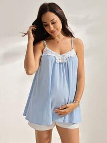 GentleRue Maternity 孕婦棉質對比蕾絲細肩帶背心 - 藍色 - 查看 7