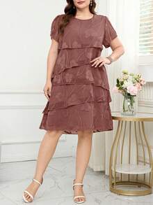 Reflora Vestido de moda con cuello redondo, mangas con volantes y estampado floral para mujer de talla grande - Rosa vieja - Ver 6