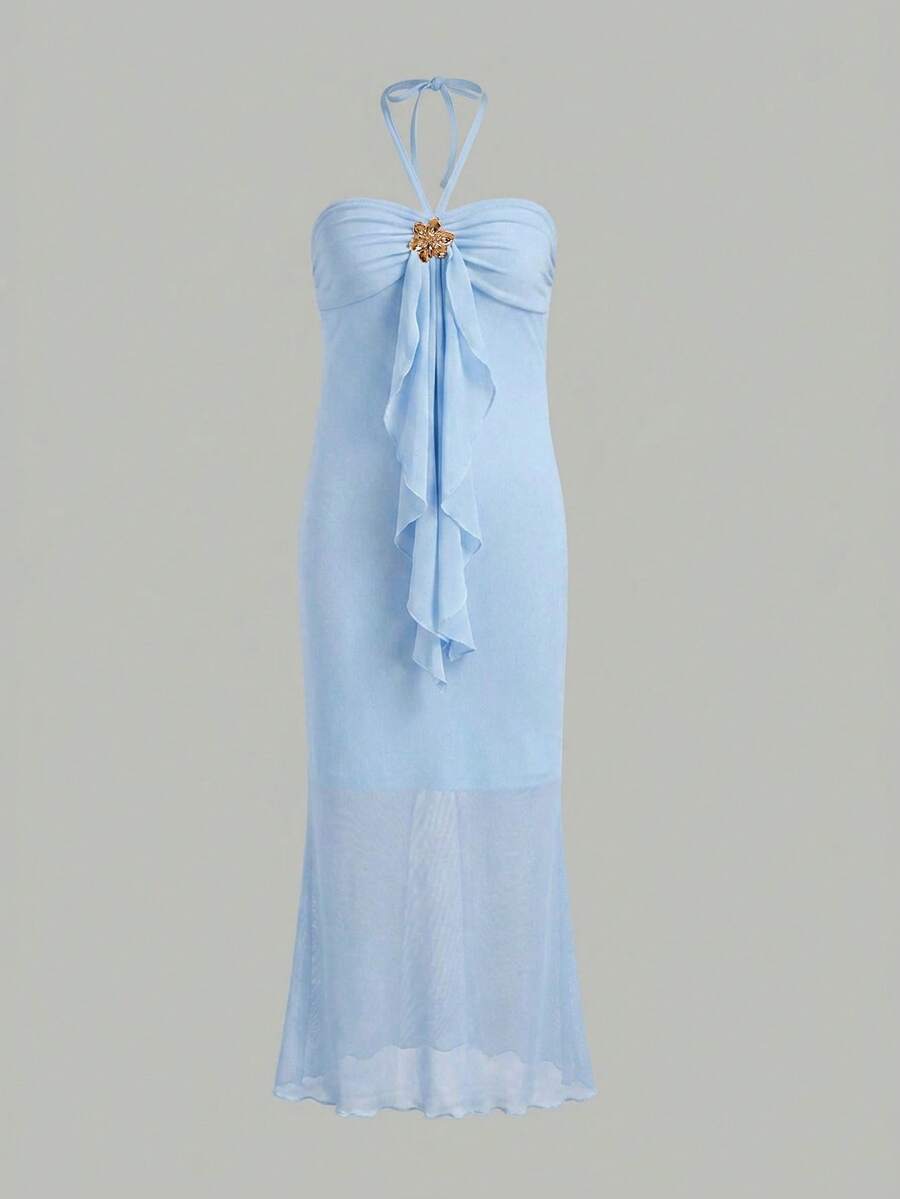 SHEIN Girlism 少女粉色針織網格修身掛脖綁帶長洋裝,金屬扣裝飾,波希米亞風,適合派對、度假、約會、復古、嘉年華、海灘度假 - 藍色 - 查看 1