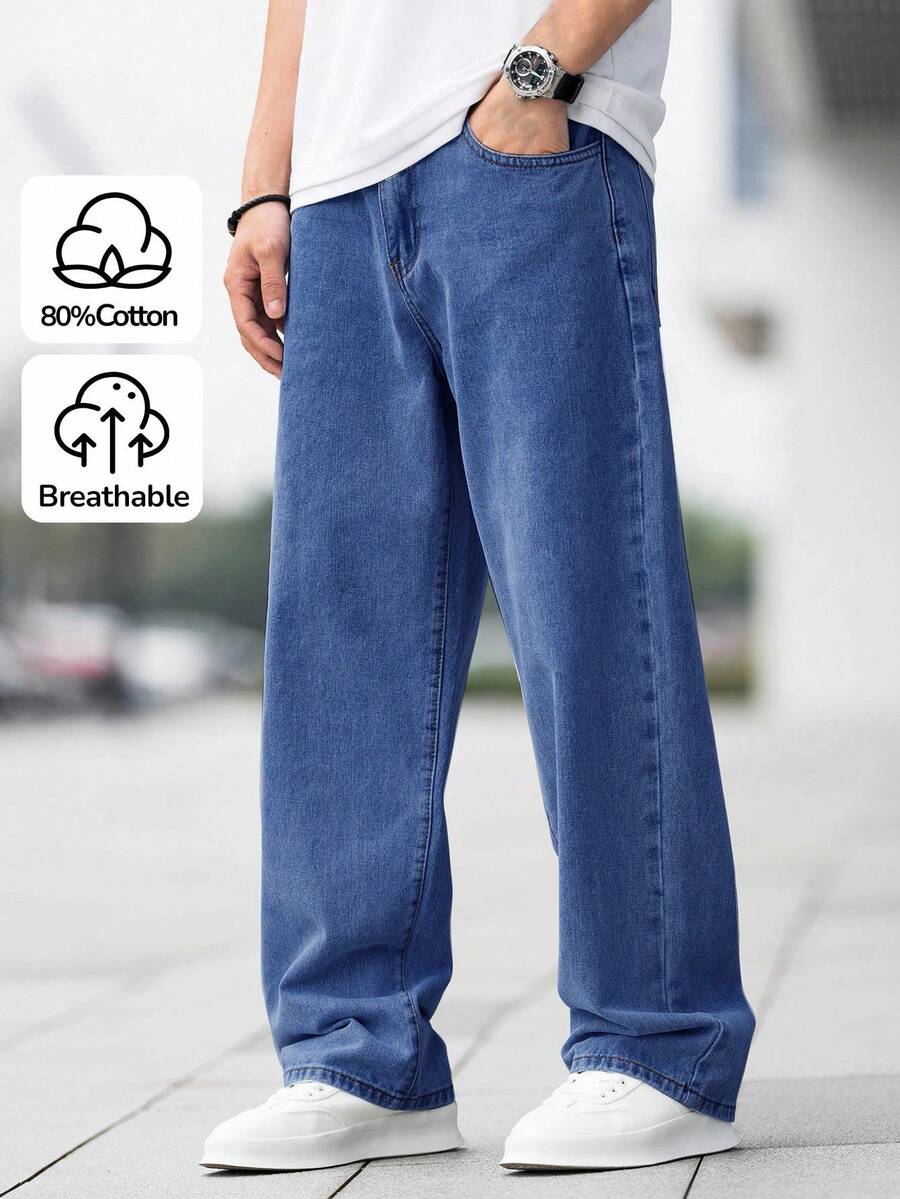 SHEIN Celana Jeans Kasual Anak Laki-Laki Model Lurus dengan Kantong Miring untuk Sehari-hari - Dark Wash - View 1