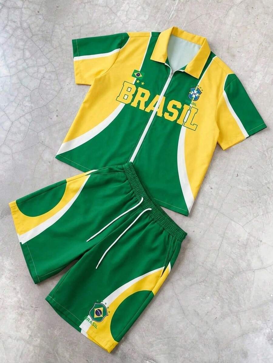 PAVTROS Men's World Cup 2 Pieces Set,Green,Summer,Streetwear,City Break,Short Shirt And Drawstring Shorts,Yellow Contrast Design,Sporty Fashion Gift - Green - View 1