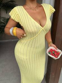 Dazy Plus Plus Size Women's Deep V-Neck Wrap Maxi Dress, Vacation Style Beach Dress, Yellow, Spring/Summer - Yellow - View 4