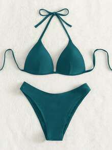 Swim Basics Bộ đồ bơi bikini nữ mùa hè đi biển màu trơn, áo cổ yếm buộc dây gợi cảm và quần tam giác - Màu xanh lá cây đậm - Xem 3