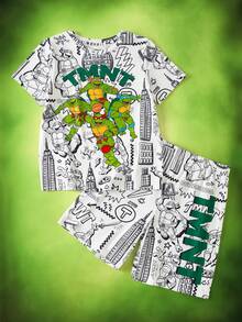 TEENAGE MUTANT NINJA TURTLES | SHEIN Conjunto de camiseta con estampado de letras y pantalones cortos para niño preadolescente, Adolescentes - Blanco - Ver 1