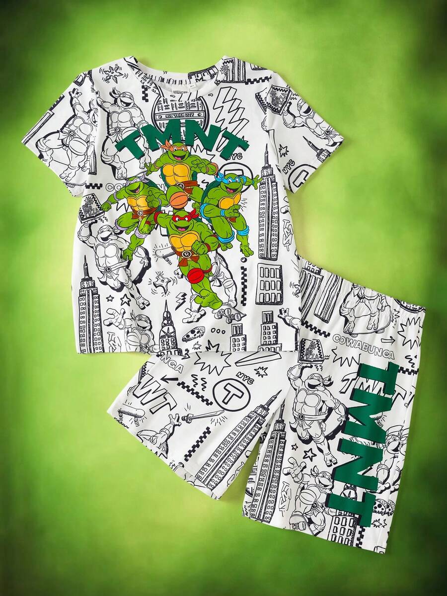 TEENAGE MUTANT NINJA TURTLES | SHEIN Conjunto de camiseta con estampado de letras y pantalones cortos para niño preadolescente, Adolescentes - Blanco - Ver 1
