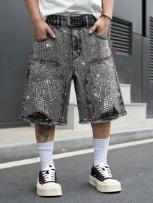 GALLERY FADE Men's Casual Street Rhinestone Distressed Slant Pocket Denim Shorts - Grey - View 7