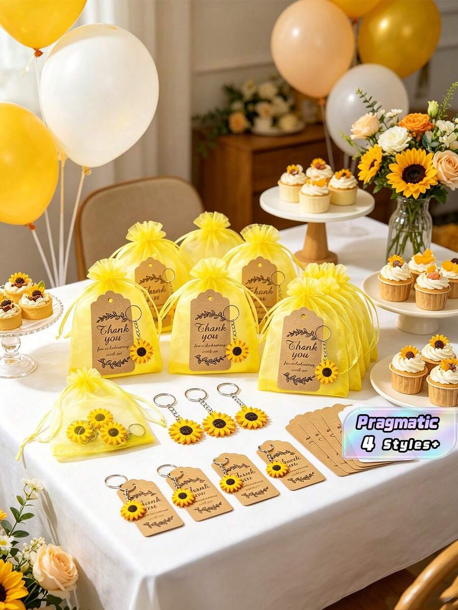 60pcs Sunflower Themed Party Favor Set, Includes Sunflower Keychains, Organza Bags, Thank You Cards, Thank You Tags, Suitable For Birthday, Summer Party, Wedding, Baby Shower, Mother's Day, Graduation, Hawaiian/Pool/Beach Party - multicolor - View 1