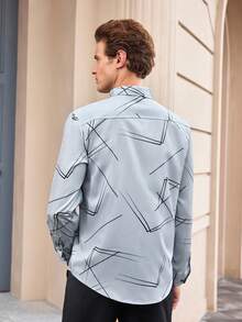 Officeau Cămașă bărbătească elegantă cu imprimeu geometric, stil naveta, top cu mânecă lungă - Gri - Vizualizare 3