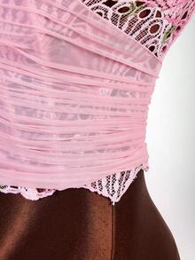 Amplova Top corto de malla con estampado floral sin mangas con cordones para mujer, ideal para vacaciones de primavera - Rosa - Ver 11