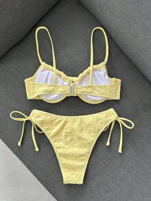 Swim Mod 女款休閒度假海灘派對優雅細肩帶特殊面料純色黃色比基尼兩件式泳衣，夏季新品 - 黃色 - 查看 2