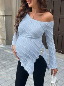SHEIN 孕婦不對稱長喇叭袖不對稱下擺裝飾鈕扣修身提花針織T恤 - 淺藍色 - 查看 4