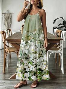 SHEIN VCAY Đầm maxi nữ phong cách vintage đi nghỉ dưỡng | Họa tiết hoa mộc lan màu xanh nhạt, dây đeo mảnh - Đầm dài dáng rộng xếp ly bay bổng có túi, đồ mặc đi biển thường ngày - Nhiều màu - Xem 3