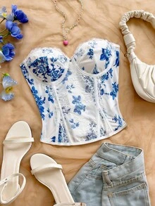 Soleia Women's Vacation Floral Print Contrast Lace Fashion Tube Top - Blue and White - View 1