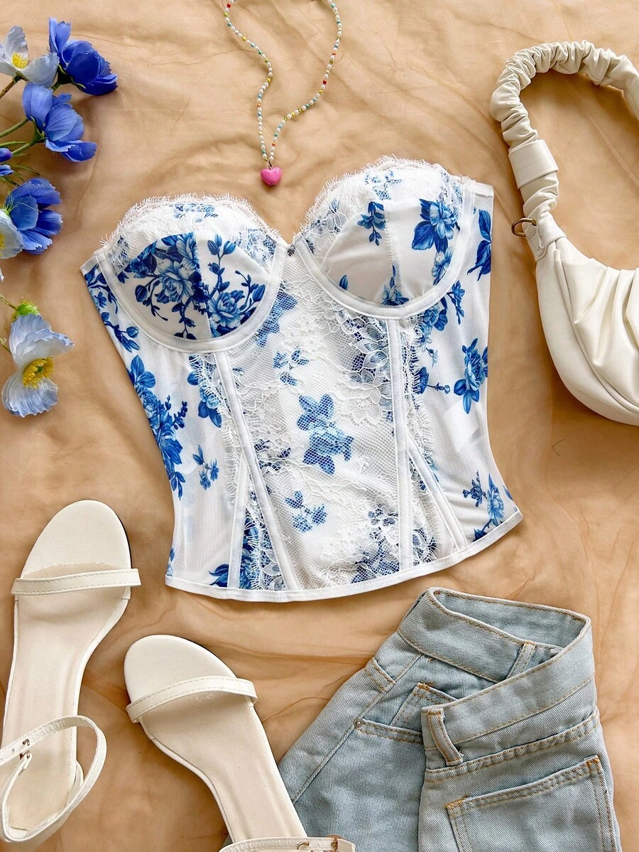 Soleia Women's Vacation Floral Print Contrast Lace Fashion Tube Top - Blue and White - View 1