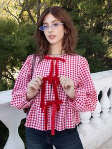 Ananda Vibes 2025年新款夏季女式西部牛仔嬉皮复古圆领格纹印花上衣 - 紅白色 - 查看 6