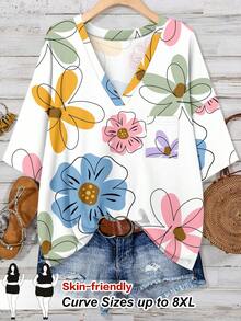 SHEIN CURVE+ Dopamine Theme Print Loose Casual Plus Size T-Shirt, Suitable For Summer Outings, Floral/Vacation/Spring Theme Plus Size T-Shirt - Multicolor - View 1