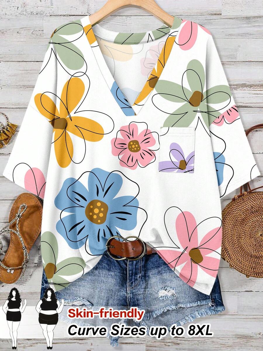 SHEIN CURVE+ Dopamine Theme Print Loose Casual Plus Size T-Shirt, Suitable For Summer Outings, Floral/Vacation/Spring Theme Plus Size T-Shirt - Multicolor - View 1