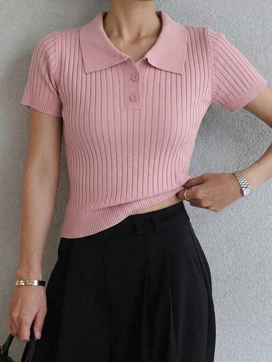 DAZY 女款商務休閒 Polo 領短袖針織上衣 夏季 - 粉色 - 查看 1