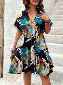 Ceyna Rochie casual cu imprimeu tropical pentru femei, mărime plus, model plante - Multicolor - Vizualizare 5