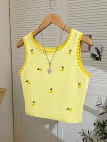 Resyla Top de tirantes ajustado para mujer talla grande con estampado de limones bordado en toda la prenda y ribete de encaje triangular - Amarillo - Ver 3