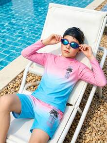 SHEIN Tween Boy Slim Fit Colorblock Striped Coconut Tree Print 2 Pieces Swimsuit, Suitable For Spring/Summer Beach Vacation - Multicolor - View 4