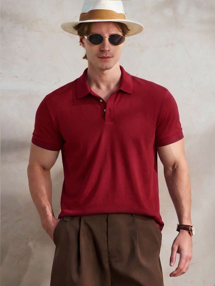 TONEVAULT 男士夏季慶典老錢風 Polo 衫，舒適海灘城市度假休閒款 - 酒紅色 - 查看 1