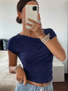 DAZY Women's Summer Solid Color Asymmetrical Collar Slim Short Sleeve T-Shirt - Navy Blue - View 7